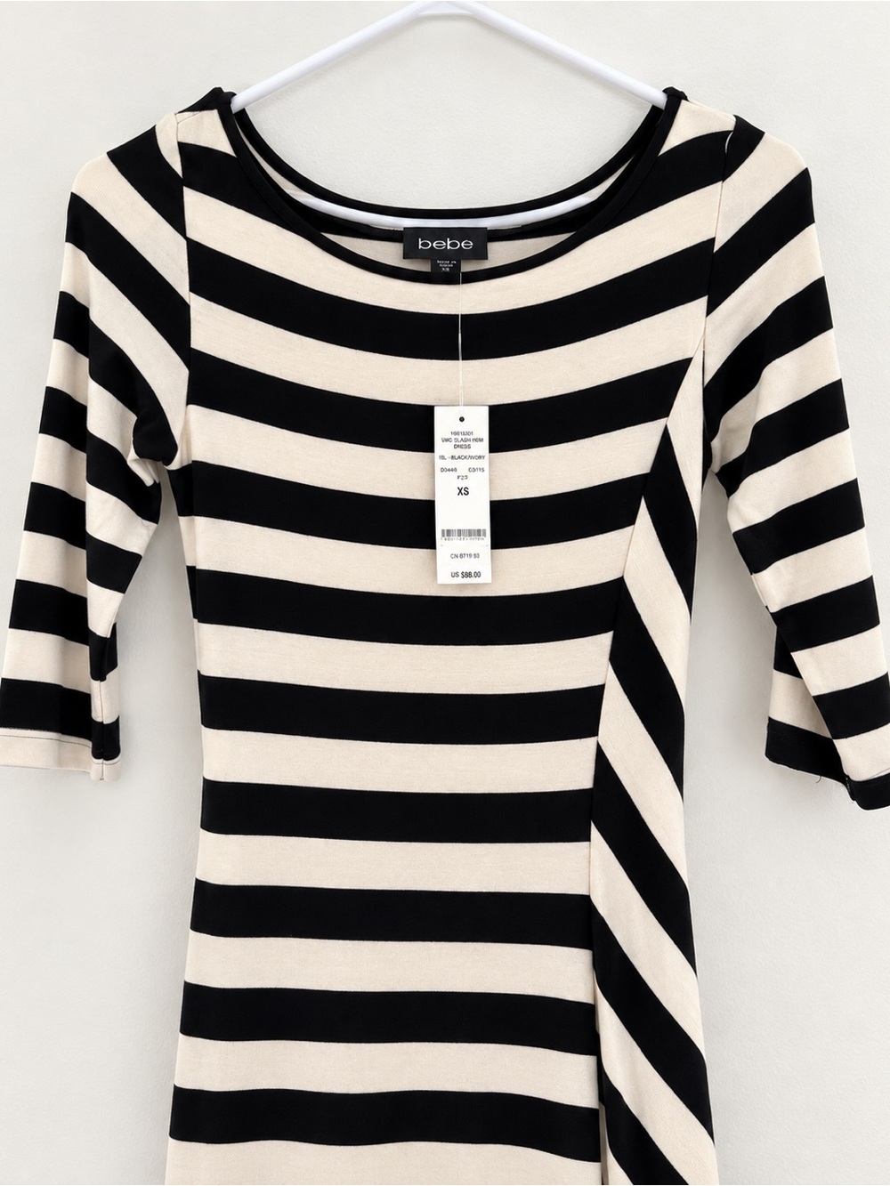 bebe Black and Cream Striped Scoop Neck Long Sleeve Top